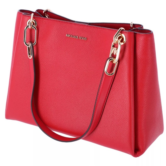 Michael Kors Trisha Large Triple Gusset Compartment Shoulder Tote Bright Red - Picture 4 of 10